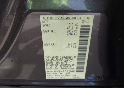 2015 Nissan Altima 2.5 Sl from USA, damaged, VIN 1N4AL3AP0FN352540
